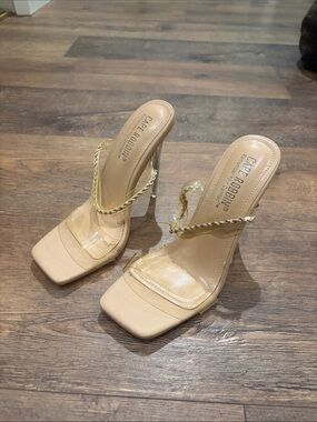 Cape Robbin Nude Clear Strap Heeled Sandals with Gold Braid